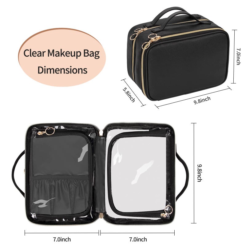 OCHEAL Makeup Bag, Double Layer Cosmetic Bag, Large Capacity New Look Clear Cosmetic Case for Women Travel Beauty Essentials, Multiple Compartments Makeup Case Organizer Zipper Pouch -Black - Image 3