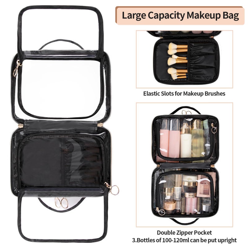 OCHEAL Makeup Bag, Double Layer Cosmetic Bag, Large Capacity New Look Clear Cosmetic Case for Women Travel Beauty Essentials, Multiple Compartments Makeup Case Organizer Zipper Pouch -Black - Image 4