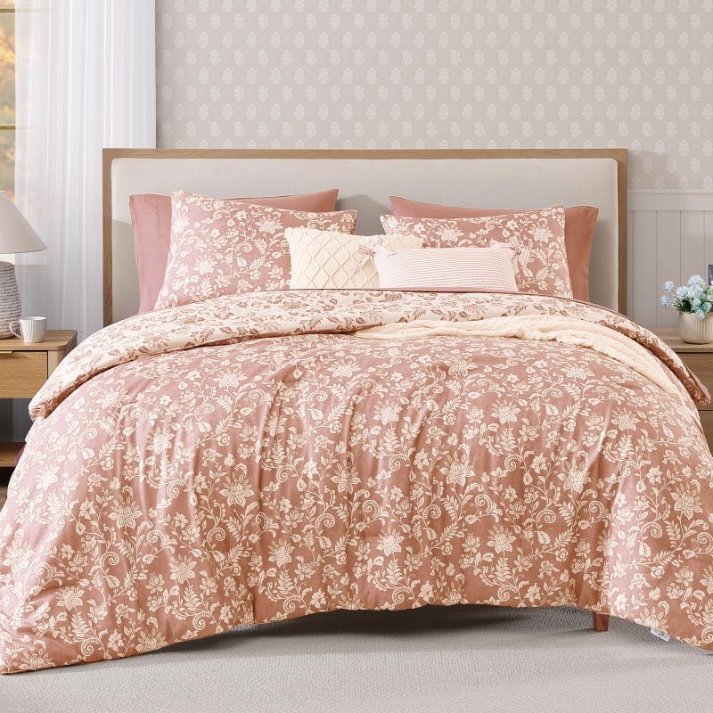 BLOOMHAVEN Queen Comforter Set -7 Pieces Clay Pink Floral Comforter Set for All Seasons, Bed in a Bag Queen with Botanical Flowers Comforter, Sheets, Pillowcases & Shams - Image 1