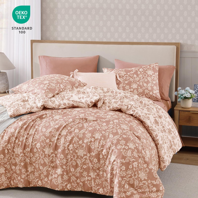 BLOOMHAVEN Queen Comforter Set -7 Pieces Clay Pink Floral Comforter Set for All Seasons, Bed in a Bag Queen with Botanical Flowers Comforter, Sheets, Pillowcases & Shams - Image 2