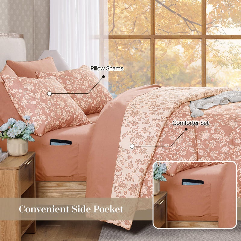 BLOOMHAVEN Queen Comforter Set -7 Pieces Clay Pink Floral Comforter Set for All Seasons, Bed in a Bag Queen with Botanical Flowers Comforter, Sheets, Pillowcases & Shams - Image 4