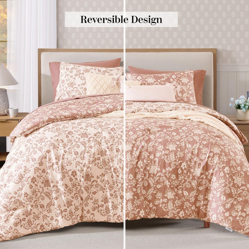 BLOOMHAVEN Queen Comforter Set -7 Pieces Clay Pink Floral Comforter Set for All Seasons, Bed in a Bag Queen with Botanical Flowers Comforter, Sheets, Pillowcases & Shams - Image 3