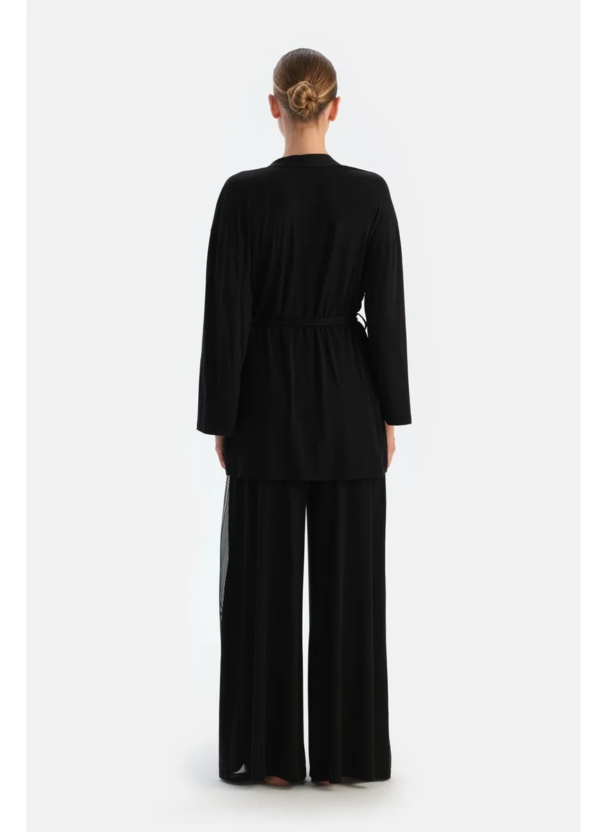داجي Black Side Tulle Detailed Dressing Gown