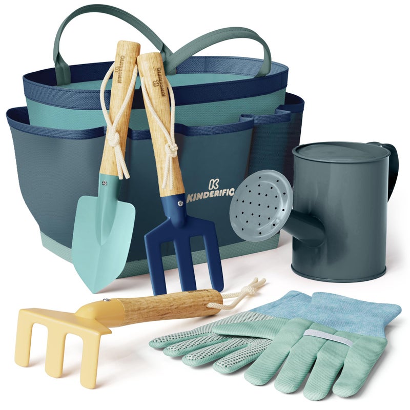 Kinderific Gardening Set, Tool Kit, for Kids, STEM, Includes Tote Bag, Spade, Watering Can, Rake, Fork, Trowel and Gloves (Ocean Blue) - Image 1