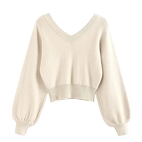 ZAFUL Women's Cropped Sweater V-Neck Long Sleeve Crop Sweater Pullover Jumper Knit Top (1-Apricot, S) - Image 2