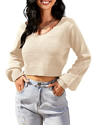 ZAFUL Women's Cropped Sweater V-Neck Long Sleeve Crop Sweater Pullover Jumper Knit Top (1-Apricot, S) - Image 5