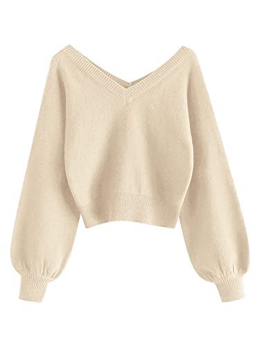 ZAFUL Women's Cropped Sweater V-Neck Long Sleeve Crop Sweater Pullover Jumper Knit Top (1-Apricot, S) - Image 1