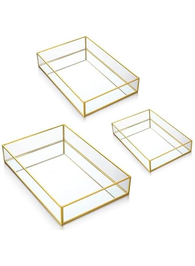 HOOKOR 3 Pieces Mirror Tray Metal Vanity Mirror Tray Rectangle Octagon Perfume Tray Mirror Makeup Tray Cosmetic Dresser Tray for Dresser Bedroom Bathroom Hotel, 3 Sizes (Rectangle) - Image 1
