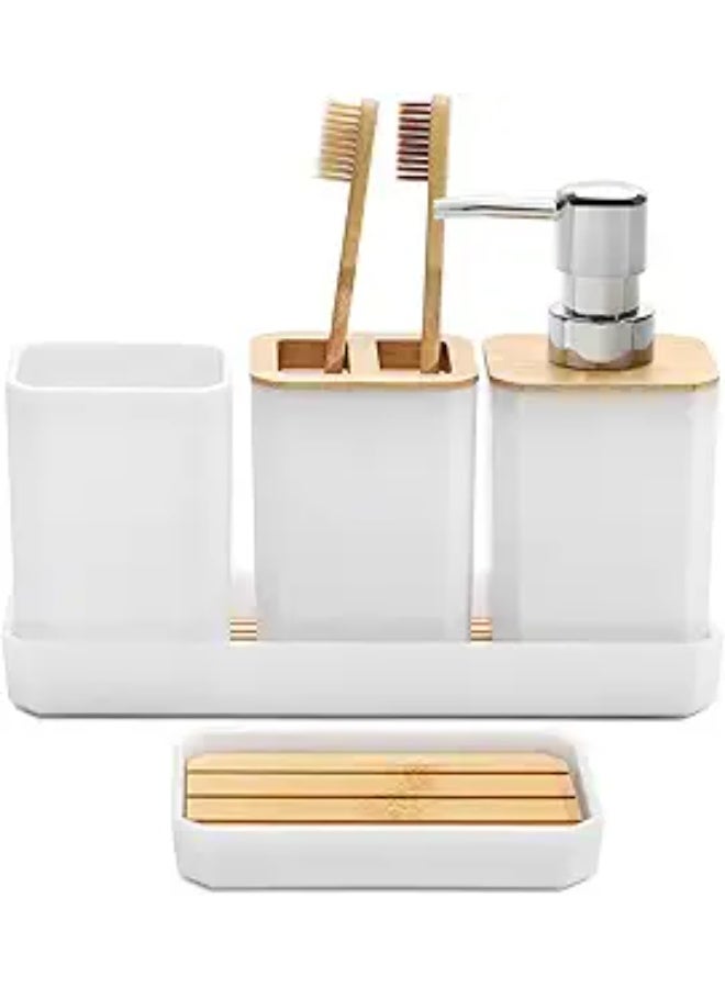 عربست طقم إكسسوارات حمام، طقم إكسسوارات حمام مكون من 5 قطع، موزع صابون، صحن صابون، حامل فرشاة أسنان، كوب فرشاة أسنان، صينية حمام بوهو، ديكور حمام عصري (أبيض) - Image 1