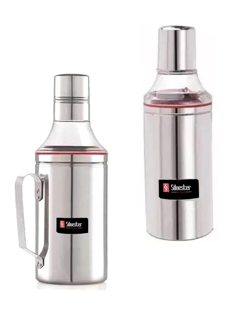 Silvester Stainless Steel Oil DispenserPourerContainer Bottle for Kitchen with Handle Without Handle 1000 ML Combo Pack of 2