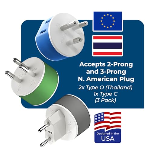 OREI Thailand Power Plug Adapter with 2 USA Inputs - Travel 3 Pack - 2 x Type O, 1 x Type C (US-18) Safe Grounded Use with Cell Phones, Laptop, Camera Chargers, CPAP, and More - Image 4