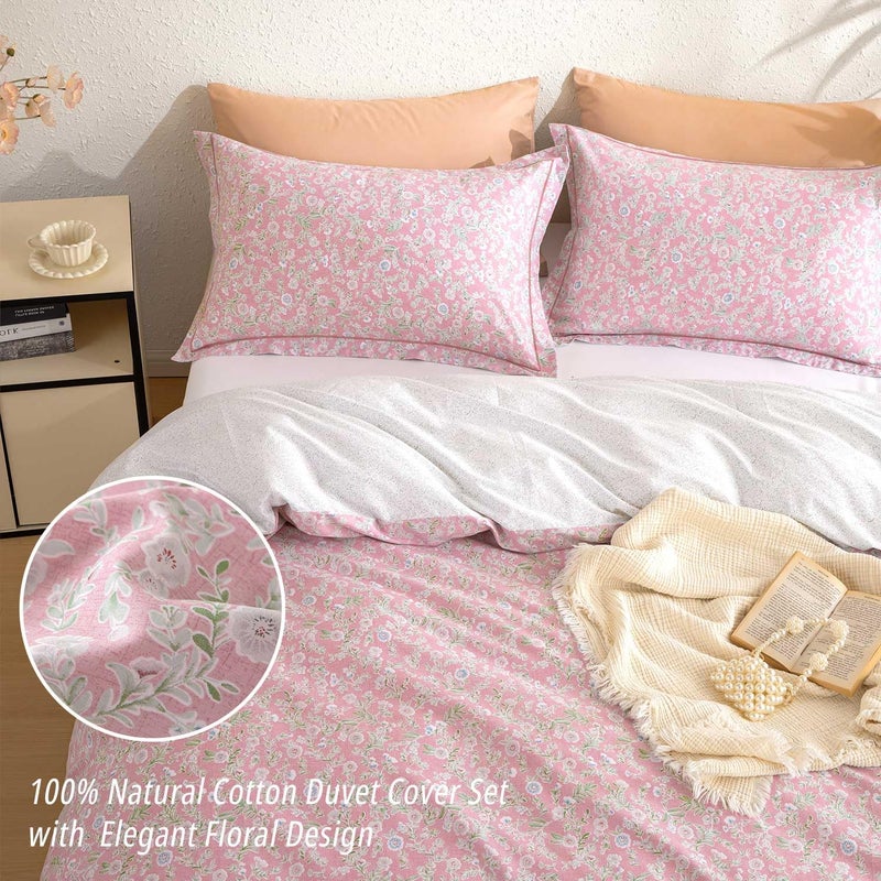 ALEISSEL 100% Natural Cotton Floral Duvet Cover King Size - Antique Pink Botanical Front & White Leaf Print Back with Button Closure, Romantic Cottage Style(3 Pieces,104"Ã—90") - Image 2