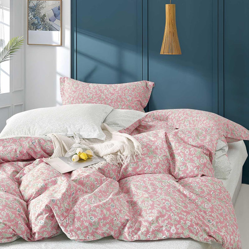 ALEISSEL 100% Natural Cotton Floral Duvet Cover King Size - Antique Pink Botanical Front & White Leaf Print Back with Button Closure, Romantic Cottage Style(3 Pieces,104"Ã—90") - Image 1
