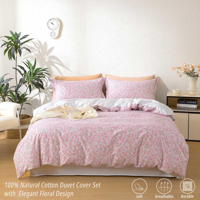 ALEISSEL 100% Natural Cotton Floral Duvet Cover King Size - Antique Pink Botanical Front & White Leaf Print Back with Button Closure, Romantic Cottage Style(3 Pieces,104"Ã—90") - Image 3