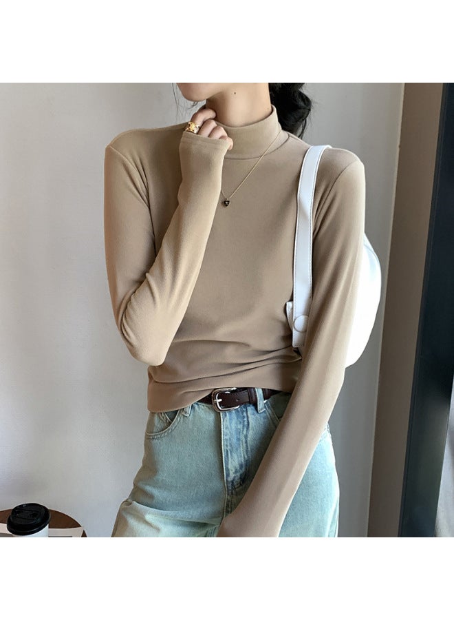 Half-high Collar Double-sided Velvet Base Shirt Women's Spring And Autumn Western Style Solid Color Velvet Padded Warm Long Sleeve Top - Image 1