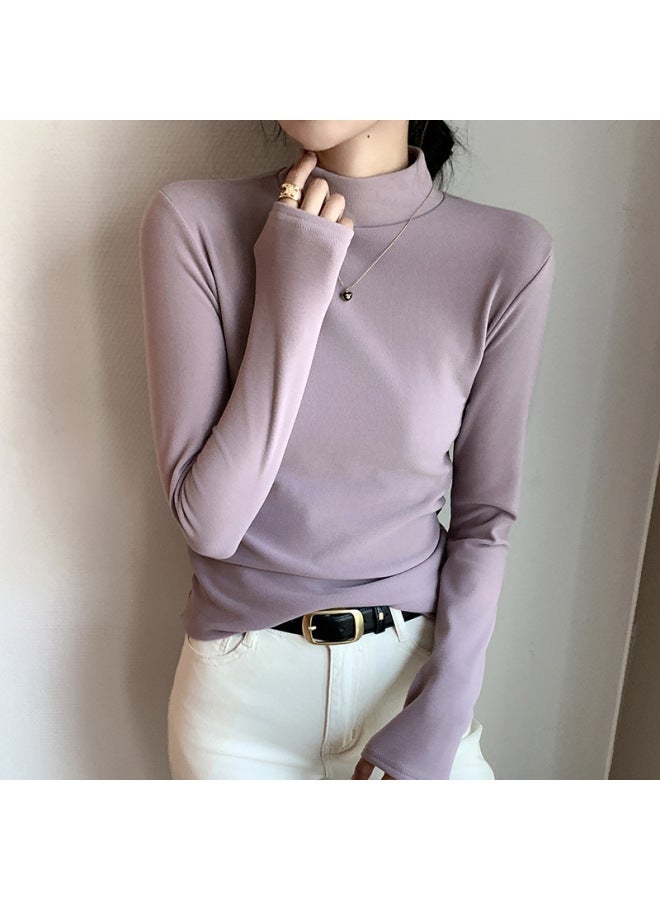 Half-high Collar Double-sided Velvet Base Shirt Women's Spring And Autumn Western Style Solid Color Velvet Padded Warm Long Sleeve Top - Image 4