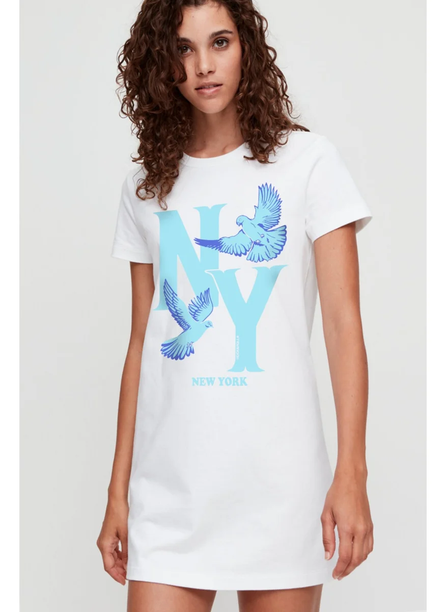 Rock&Roll Ny Pigeons White Short Sleeve Combed Cotton T-Shirt Dress