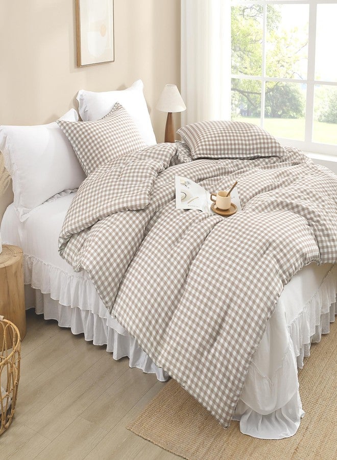 Andency Tan Gingham Comforter Set Full(79x90Inch), Brown Checkered Grid Plaid Buffalo Bed Set for Girls Boys Kids Teens, 3 Pieces Lightweight Microfiber Geometric Preppy Bedding - Image 3