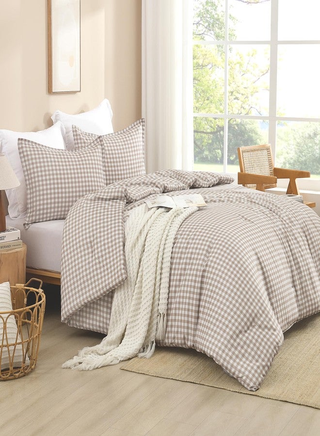 Andency Tan Gingham Comforter Set Full(79x90Inch), Brown Checkered Grid Plaid Buffalo Bed Set for Girls Boys Kids Teens, 3 Pieces Lightweight Microfiber Geometric Preppy Bedding - Image 4