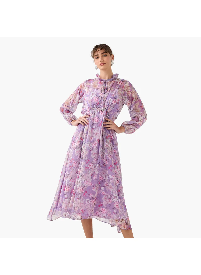 تواكستريمز 2Xtremz Floral Print Ruffle Neck Midi Dress