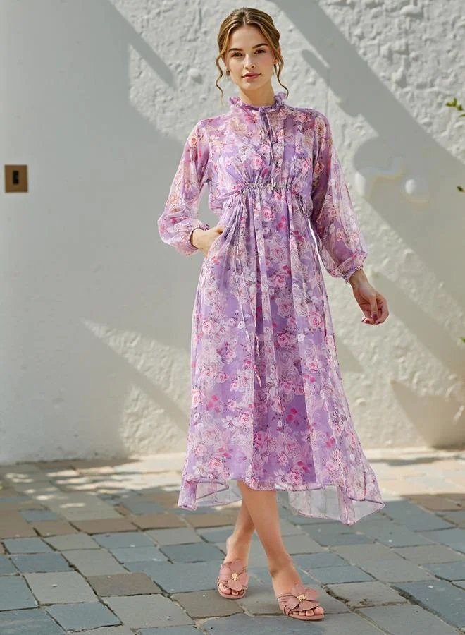 2Xtremz 2Xtremz Floral Print Ruffle Neck Midi Dress