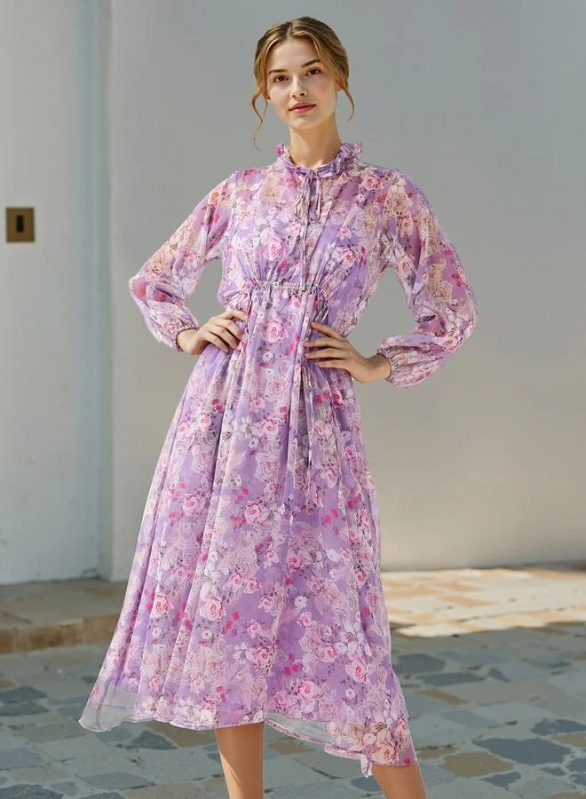 2Xtremz 2Xtremz Floral Print Ruffle Neck Midi Dress