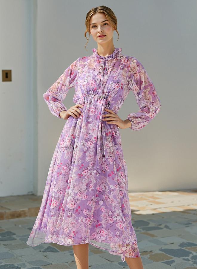 تواكستريمز فستان ميدي بطبعات الزهور بياقة مكشكشة - Image 1