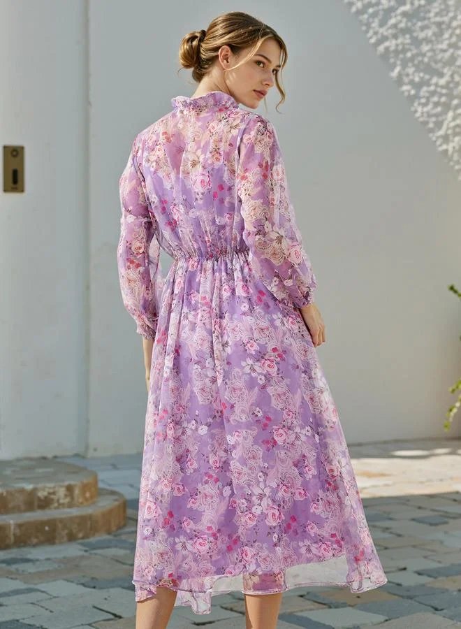 2Xtremz 2Xtremz Floral Print Ruffle Neck Midi Dress