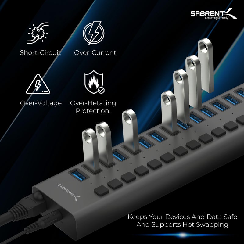 SABRENT 16-Port USB 3.0 Data Hub and Charger with Individual Power Switches, 90W High-Power Output (HB-PU16) - Image 2