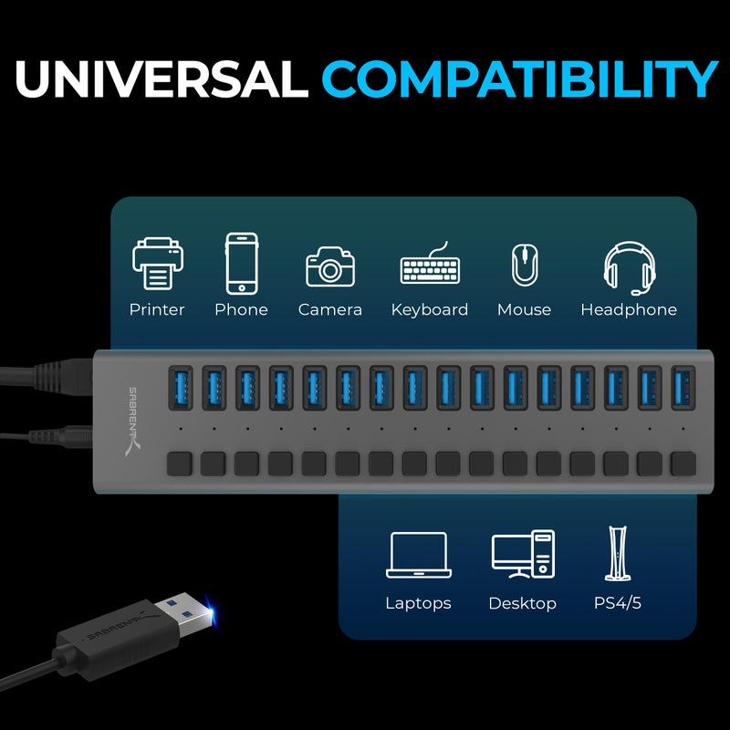 SABRENT 16-Port USB 3.0 Data Hub and Charger with Individual Power Switches, 90W High-Power Output (HB-PU16) - Image 4