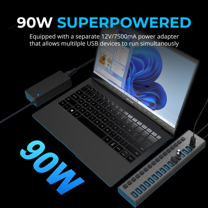SABRENT 16-Port USB 3.0 Data Hub and Charger with Individual Power Switches, 90W High-Power Output (HB-PU16) - Image 3