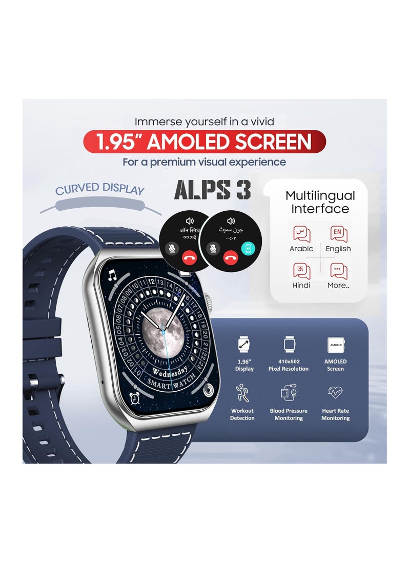 SWISS MILITARY Swiss Military Alps3 Smartwatch, Curved Display 1.96” AMOLED, Bluetooth Calling, Multi Language, Fitness Tracking, Wireless Charging, 7 Days Battery, iOS/Android Compatible, Silver Frame & Blue Strap  - Image 2