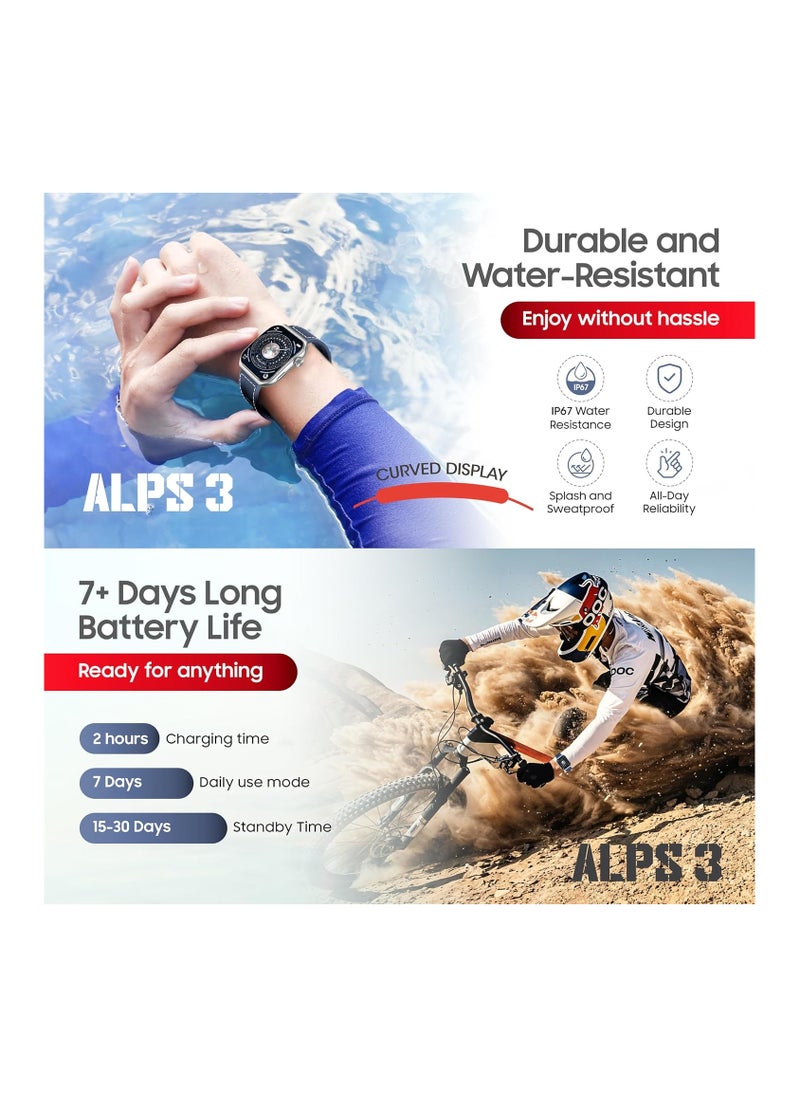 SWISS MILITARY Swiss Military Alps3 Smartwatch, Curved Display 1.96” AMOLED, Bluetooth Calling, Multi Language, Fitness Tracking, Wireless Charging, 7 Days Battery, iOS/Android Compatible, Silver Frame & Blue Strap  - Image 3