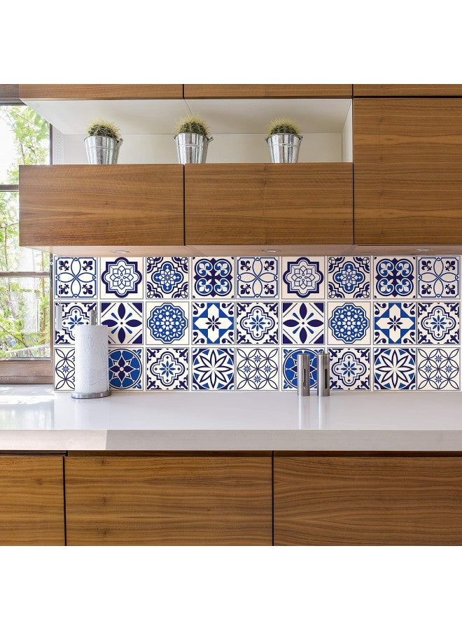 WALPLUS 24pcs 6" Peel and Stick Vinyl Backsplash Tiles Stickers Tile Paint Removable Waterproof Self-Adhesive Decals Vinyl Home Kitchen Bathroom Spring Easter Decoration (Spanish & Moroccan Blue) - Image 1