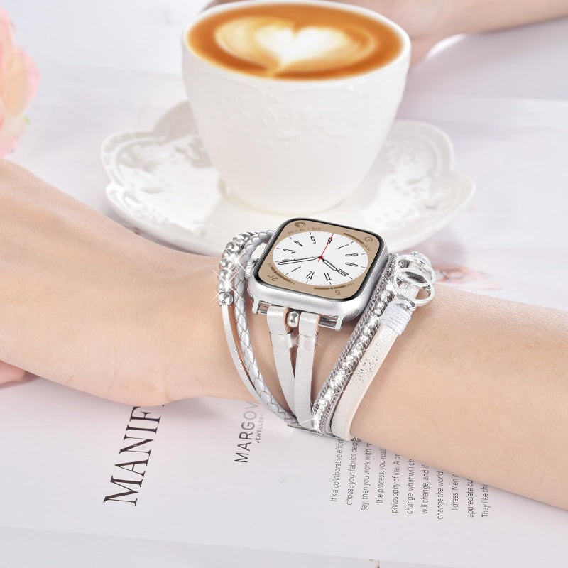 MOFREE Boho Leather Bracelet Compatible with Apple Watch Band 38mm 40mm 41mm Women, Handmade Multilayer Wrap Beaded Jewelry Apple Watch Strap for iWatch Series 10 9 8 7 6 5 4 3 2 1 Silver - Image 2