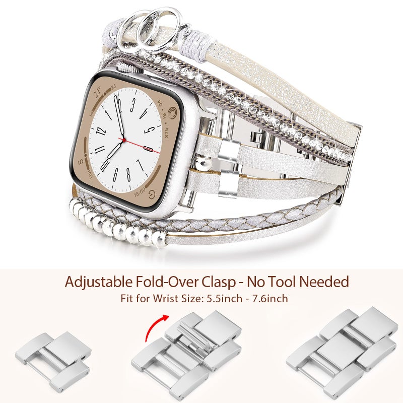 MOFREE Boho Leather Bracelet Compatible with Apple Watch Band 38mm 40mm 41mm Women, Handmade Multilayer Wrap Beaded Jewelry Apple Watch Strap for iWatch Series 10 9 8 7 6 5 4 3 2 1 Silver - Image 3