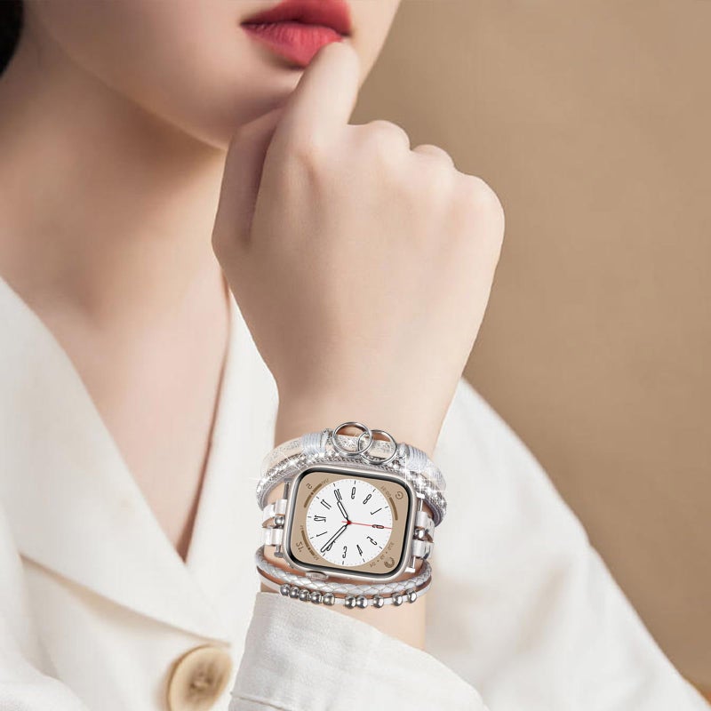 MOFREE Boho Leather Bracelet Compatible with Apple Watch Band 38mm 40mm 41mm Women, Handmade Multilayer Wrap Beaded Jewelry Apple Watch Strap for iWatch Series 10 9 8 7 6 5 4 3 2 1 Silver - Image 4