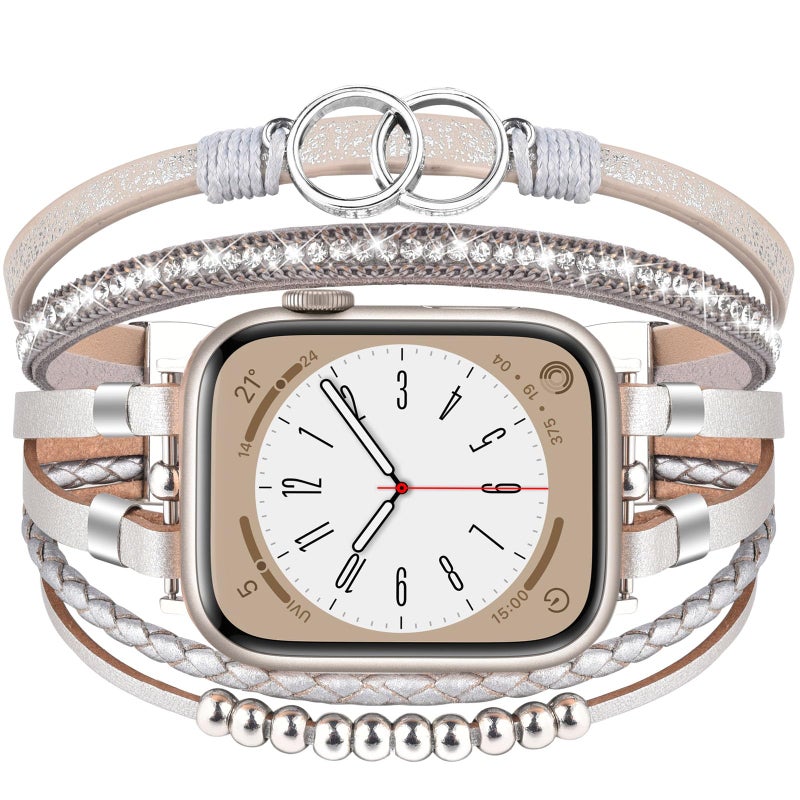 MOFREE Boho Leather Bracelet Compatible with Apple Watch Band 38mm 40mm 41mm Women, Handmade Multilayer Wrap Beaded Jewelry Apple Watch Strap for iWatch Series 10 9 8 7 6 5 4 3 2 1 Silver - Image 1