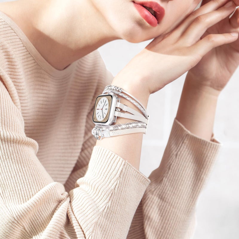 MOFREE Boho Leather Bracelet Compatible with Apple Watch Band 38mm 40mm 41mm Women, Handmade Multilayer Wrap Beaded Jewelry Apple Watch Strap for iWatch Series 10 9 8 7 6 5 4 3 2 1 Silver - Image 5