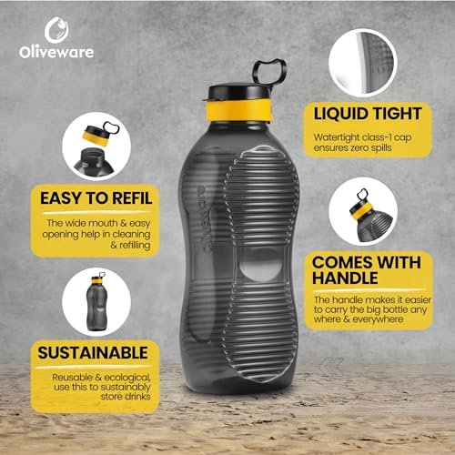 SOPL-OLIVEWARE Oliveware King 2 Litre Water Bottle | For Home, Office & Gym | 2000 ML Jumbo Size | Sturdy with Holder | BPA Free Premium Bottle | Best Big 2L Bottle - Black Yellow - Image 2