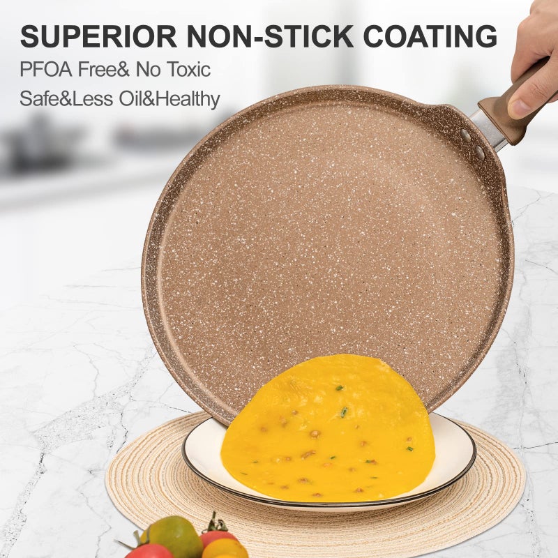 Innerwell 11 inch Nonstick Crepe Pan, Granite Coating Flat Skillet Dosa Tawa Tortilla Pan, Large Pancake Griddle Comal Pan, Compatible with All Stovetops, PFOA Free - Image 2