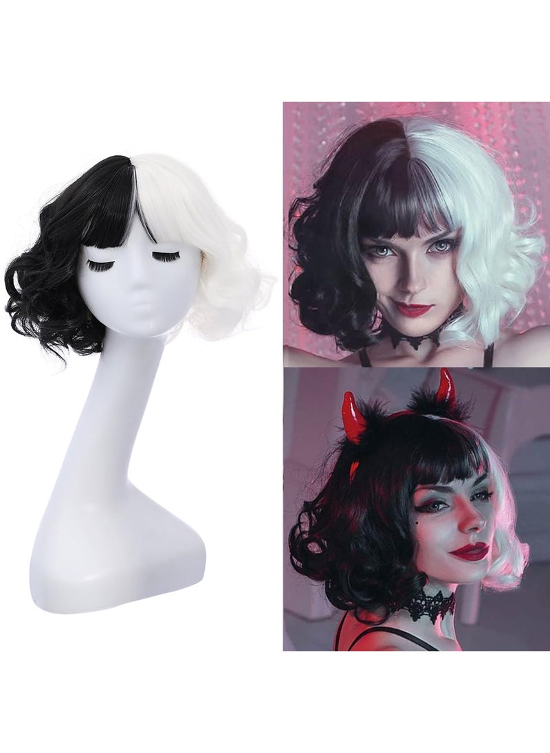 BERON BERON Black and White Short Wig Curly Bob Wigs with Bangs Wavy Hair Wigs Womens Synthetic Wigs for Halloween Cosplay Party or Daily Used 