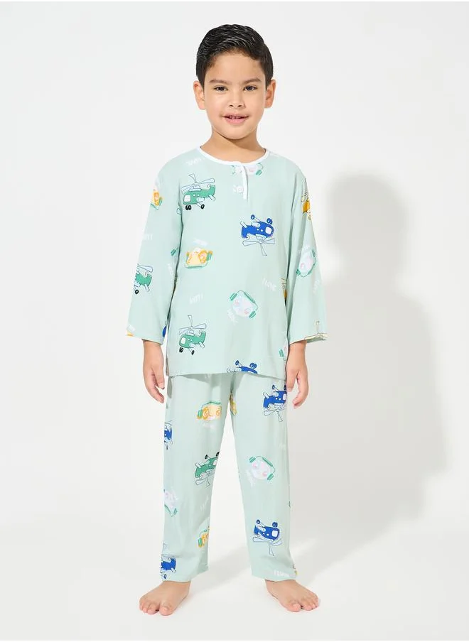 Styli Helicopter Print Long Sleeves T-Shirt & Pyjama Set