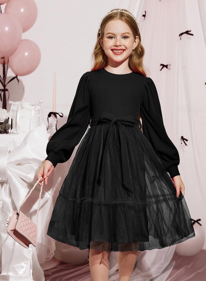 Arshiner فستان أرشينر الأسود للأطفال الصغار بأكمام فقاعة فريدة من نوعها، فساتين كاجوال توتو لخريف مع حزام قوس قابل للإزالة - Image 2