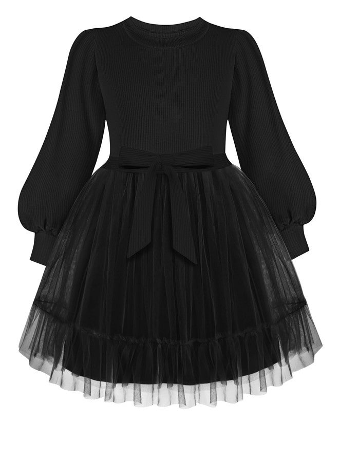 Arshiner فستان أرشينر الأسود للأطفال الصغار بأكمام فقاعة فريدة من نوعها، فساتين كاجوال توتو لخريف مع حزام قوس قابل للإزالة - Image 1