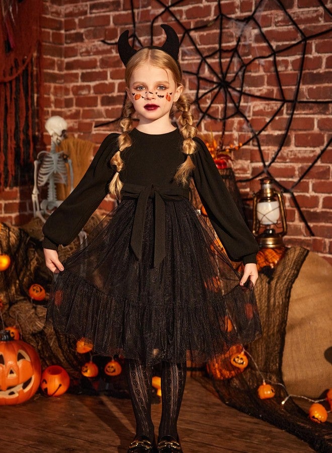 Arshiner فستان أرشينر الأسود للأطفال الصغار بأكمام فقاعة فريدة من نوعها، فساتين كاجوال توتو لخريف مع حزام قوس قابل للإزالة - Image 4