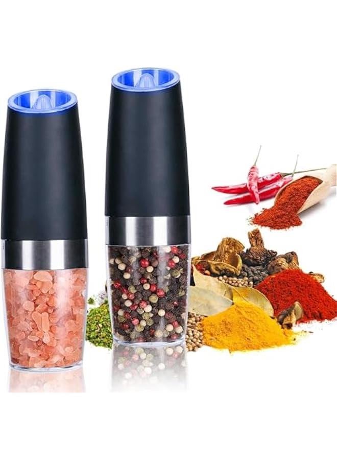 ميكسد مطحنة فلفل كهربائية بالجاذبية من قطعتين، خشونة قابلة للتعديل، مطحنة ملح وفلفل اوتوماتيكية، ضوء LED تعمل بالبطارية، تشغيل تلقائي بيد واحدة، ستانلس ستيل اسود - Image 1