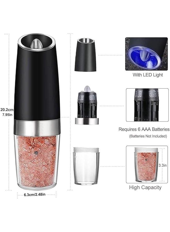 ميكسد مطحنة فلفل كهربائية بالجاذبية من قطعتين، خشونة قابلة للتعديل، مطحنة ملح وفلفل اوتوماتيكية، ضوء LED تعمل بالبطارية، تشغيل تلقائي بيد واحدة، ستانلس ستيل اسود - Image 2