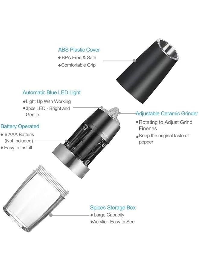 ميكسد مطحنة فلفل كهربائية بالجاذبية من قطعتين، خشونة قابلة للتعديل، مطحنة ملح وفلفل اوتوماتيكية، ضوء LED تعمل بالبطارية، تشغيل تلقائي بيد واحدة، ستانلس ستيل اسود - Image 4