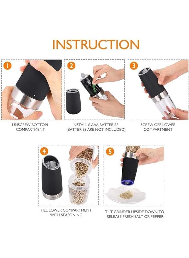 ميكسد مطحنة فلفل كهربائية بالجاذبية من قطعتين، خشونة قابلة للتعديل، مطحنة ملح وفلفل اوتوماتيكية، ضوء LED تعمل بالبطارية، تشغيل تلقائي بيد واحدة، ستانلس ستيل اسود - Image 5